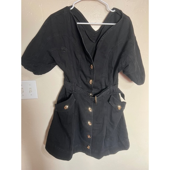 Commense Black Denim Puff Sleeve Button Belted Mini Dress Pocketed dark romantic - Picture 3 of 12